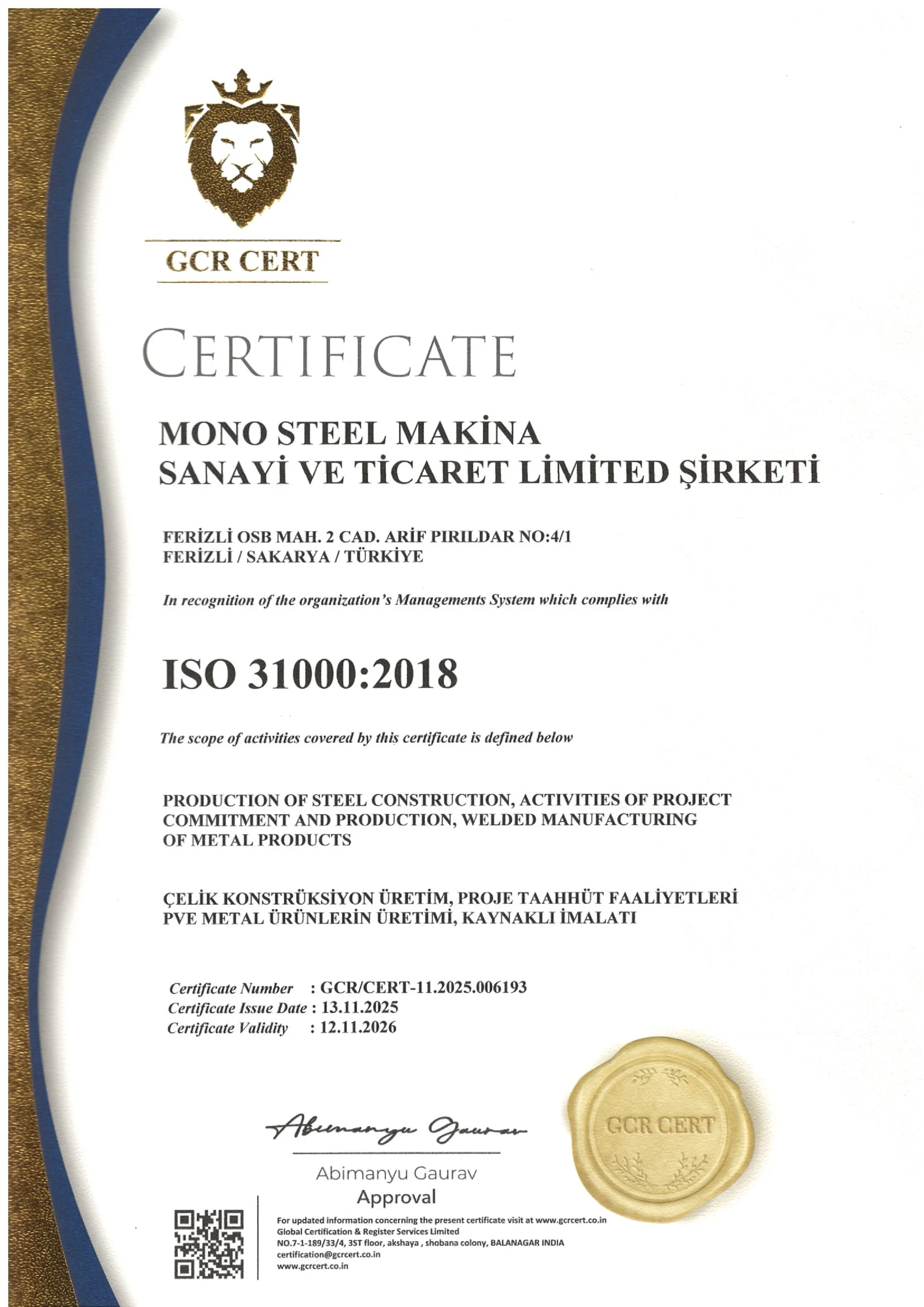 ISO 31000 Certificate
