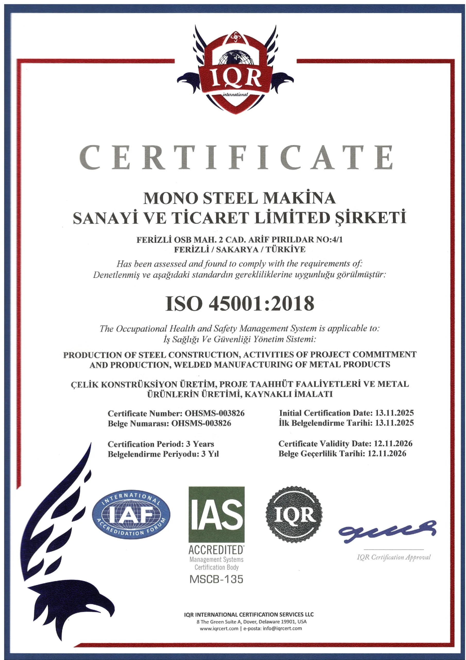 ISO 45001 Certificate